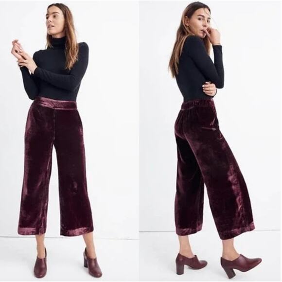 Madewell Velvet Huston Wide Leg Crop Pinot Noir Pull on Pants Cropped Size Large - Picture 1 of 8